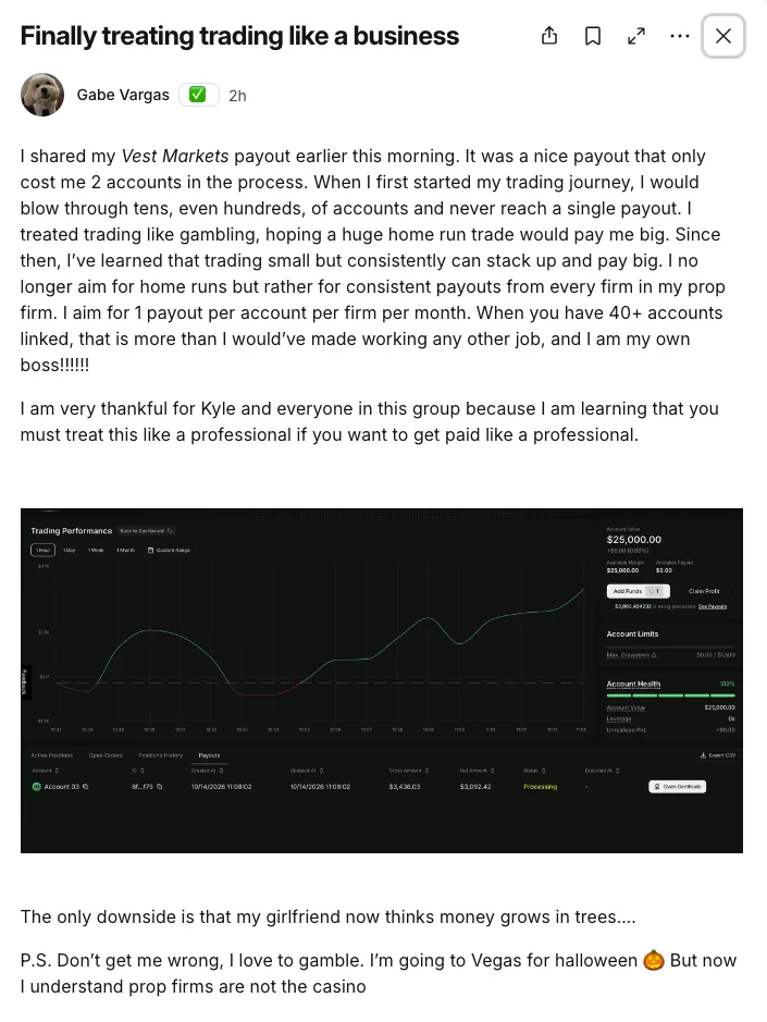 Member Gabe Vargas on finally treating trading like a business, with a Vest Markets payout