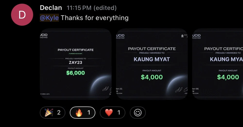 Member Declan thanks Kyle and shares Lucid Trading payout certificates